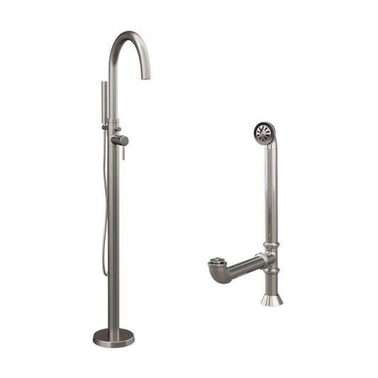 Cambridge Complete Plumbing Package for Free Standing Tubs With No Faucet Holes.  Modern Gooseneck Style Faucet With Hand Held Wand Shower and Supply Lines plus Drain and Overflow Assembly in Brushed Nickel CAM150-PKG-BN