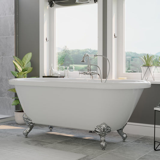 Cambridge Plumbing Acrylic Double Ended Clawfoot Bathtub With Continuous Rim and Complete Polished Chrome Plumbing Package ADE60-398684-PKG-CP-NH