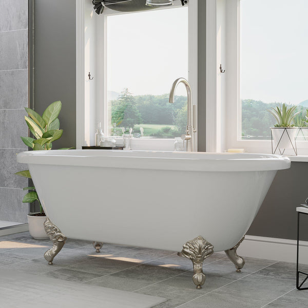 Cambridge Plumbing Acrylic Double Ended Clawfoot Bathtub with Contiuous Rim and Brushed Nickel Feet ADE60-NH-BN