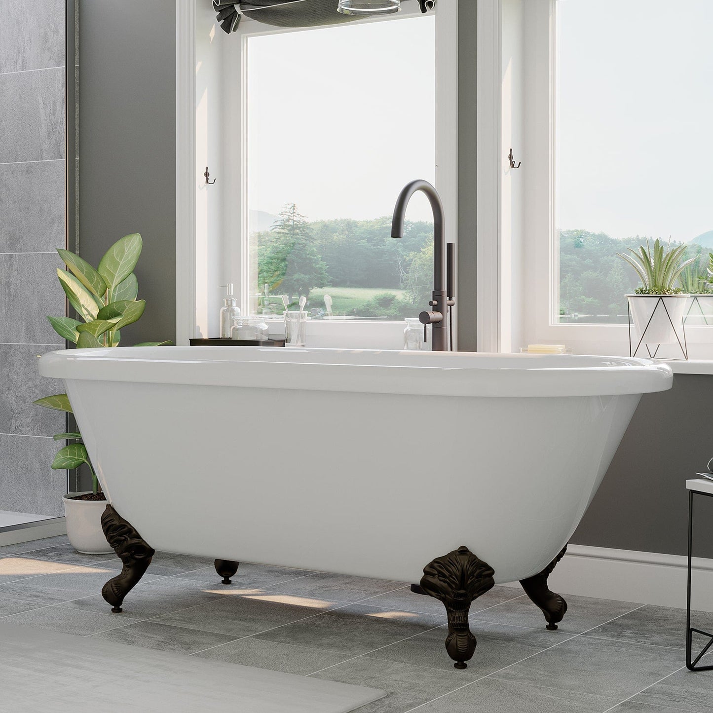 Cambridge Plumbing Acrylic Double Ended Clawfoot Bathtub with Contiuous Rim and Oil Rubbed Bronze Feet ADE60-NH-ORB