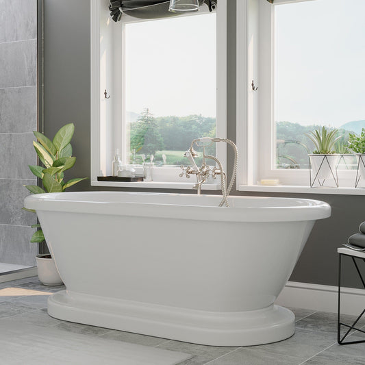 Cambridge Plumbing Acrylic Double Ended Pedestal Bathtub with Continuous Rim and Complete Brushed Nickel Plumbing Package ADEP-398463-PKG-BN-NH