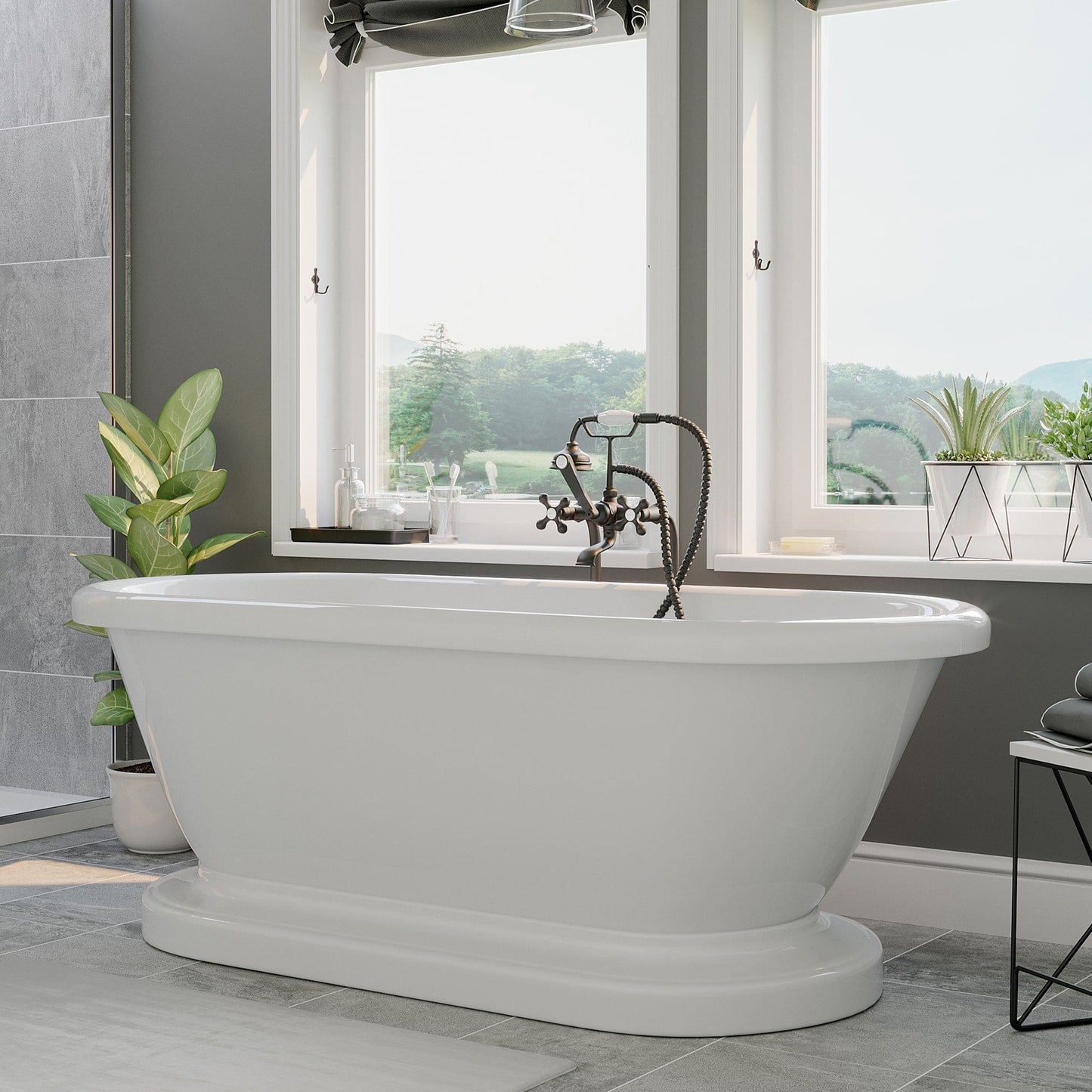 Acrylic Double Ended Pedestal Bathtub with Continuous Rim and Complete Oil Rubbed Bronze Plumbing Package