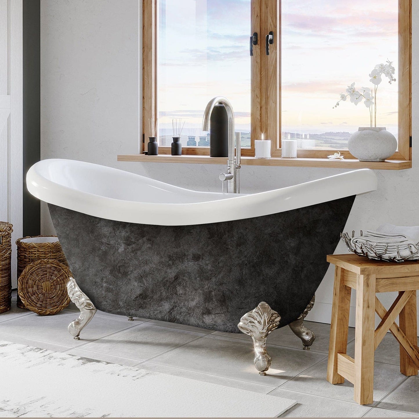 Cambridge Plumbing Hand Painted Scorched Platinum Acrylic Double Slipper Bathtub with Brushed Nickel Feet, Deck Holes ADES-NH-BN-SP