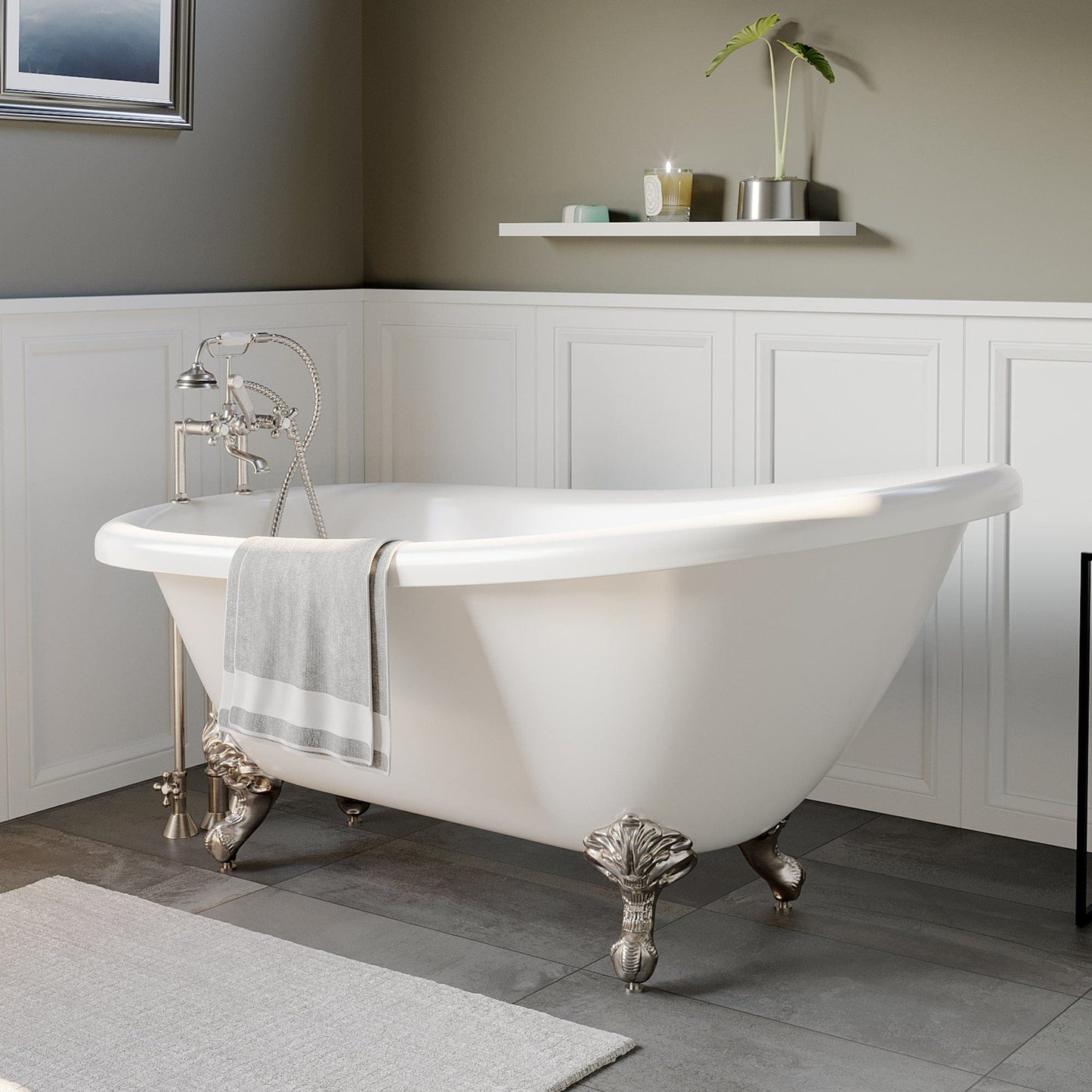 Cambridge Plumbing Clawfoot Acrylic  Slipper Soaking Tub with Faucet Drillings and Brushed Nickel Feet AST67-DH-BN