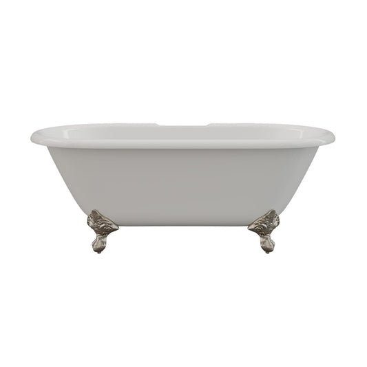 Cambridge Plumbing Cast Iron Double Ended Clawfoot Tub 60" X 30" with  7" Deck Mount Faucet Drillings and British Telephone Style Faucet Complete Brushed Nickel Plumbing Package With Six Inch Deck Mount Risers DE60-463D-6-PKG-BN-7DH