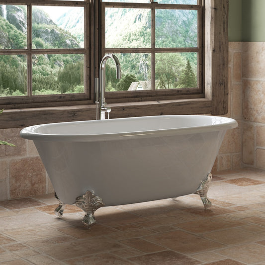 Cambridge Plumbing Cast Iron Double Ended Clawfoot Tub 60" X 30" with No Faucet Drillings and Polished Chrome Feet DE-60-NH-CP