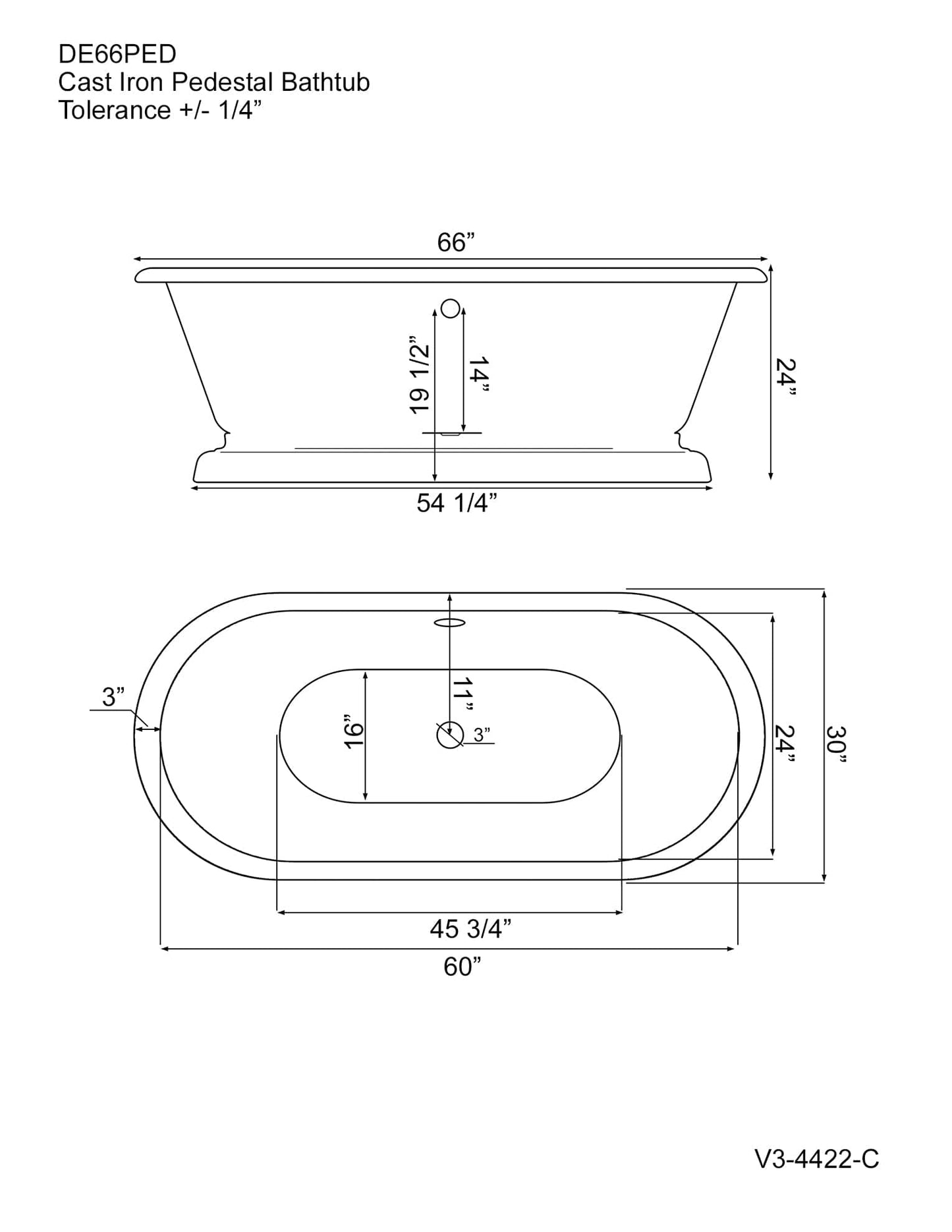 Cambridge Plumbing 66 Inch Cast Iron Dual Ended Pedestal Bathtub with No Faucet drillings and Complete plumbing packge in Oil Rubbed Bronze DE66-PED-398684-PKG-ORB-NH