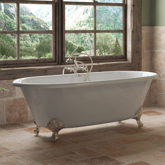 Cambridge Plumbing Cast Iron Double Ended Clawfoot Tub 67" X 30" with No Faucet Drillings and Complete Brushed Nickel Plumbing Package DE67-398463-PKG-BN-NH