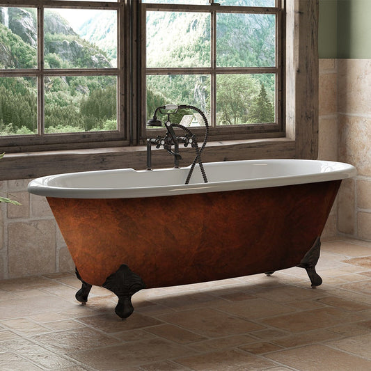 Cambridge Plumbing Cast Iron Clawfoot Bathtub 67”x30" Faux Copper Bronze Finish on Exterior with 7" Deck Mount Faucet Drillings and Oil Rubbed Bronze Feet DE67-DH-ORB-CB