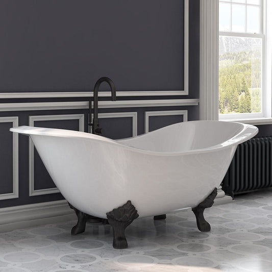 Cambridge Plumbing Cast Iron Double Ended Slipper Tub 71" X 30" with no Faucet Drillings and Complete Oil Rubbed Bronze Modern Freestanding Tub Filler with Hand Held Shower Assembly Plumbing Package DES-150-PKG-ORB-NH