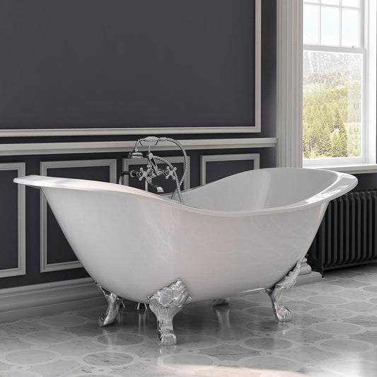 Cambridge Plumbing Cast Iron Double Ended Slipper Tub 71" X 30" with No Faucet Drillings and Complete Free Standing British Telephone Faucet and Hand Held Shower Polished Chrome Plumbing Package DES-398463-PKG-CP-NH