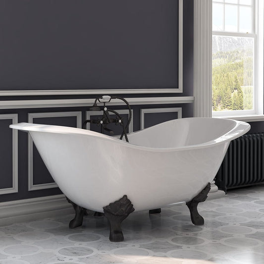 Cambridge Plumbing Cast Iron Double Ended Slipper Tub 71" X 30"with No Faucet Drillings and Complete Free Standing British Telephone Faucet and Hand Held Shower  Oil Rubbed Bronze Plumbing Package DES-398463-PKG-ORB-NH