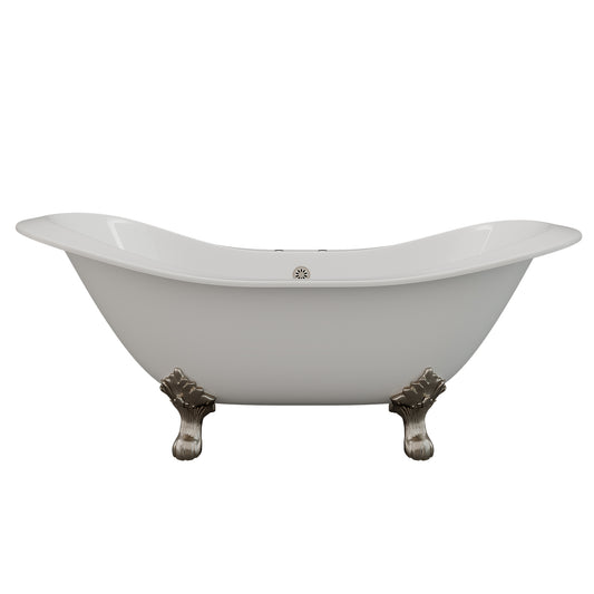 Cambridge Plumbing Cast Iron Double Ended Slipper Tub 71" X 30" with 7" Deck Mount Faucet Drillings and Brushed Nickel Feet Feet DES-DH-BN