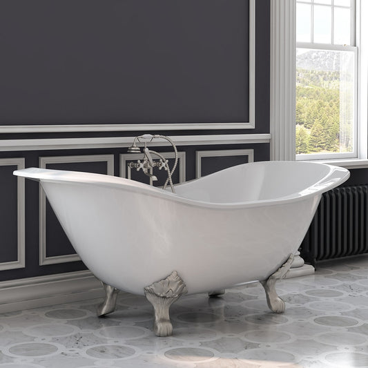 Cambridge Plumbing Cast Iron Double Ended Slipper Tub 71" X 30" with 7" Deck Mount Faucet Drillings and Brushed Nickel Feet Feet DES-DH-BN