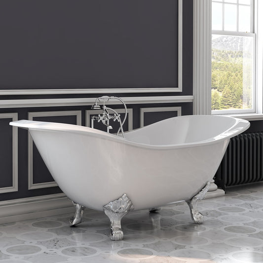 Cambridge Plumbing Cast Iron Double Ended Slipper Tub 71" X 30" with 7" Deck Mount Faucet Drillings and Polished Chrome Feet DES-DH-CP