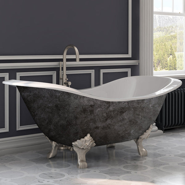 Cambridge Plumbing Scorched Platinum 71” Cast Iron Double Slipper Tub, Brushed Nickel Lion’s Paw Feet, No Faucet Holes DES-NH-BN-SP