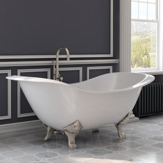 Cambridge Plumbing Cast Iron Double Ended Slipper Tub 71" X 30" with No Faucet Drillings and Brushed Nickel Feet DES-NH-BN