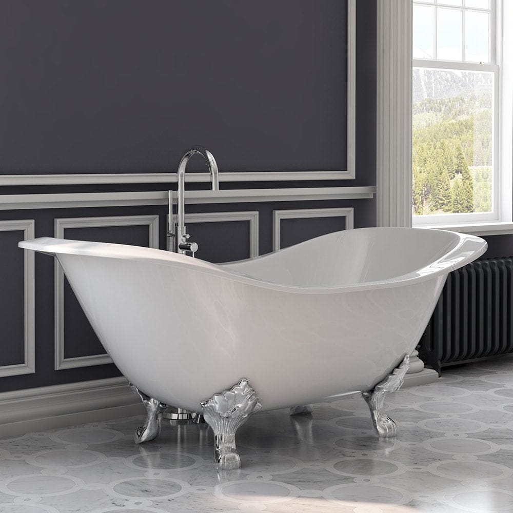 Cambridge Plumbing Cast Iron Double Ended Slipper Tub 71" X 30" with No Faucet Drillings and Polished Chrome Feet DES-NH-CP