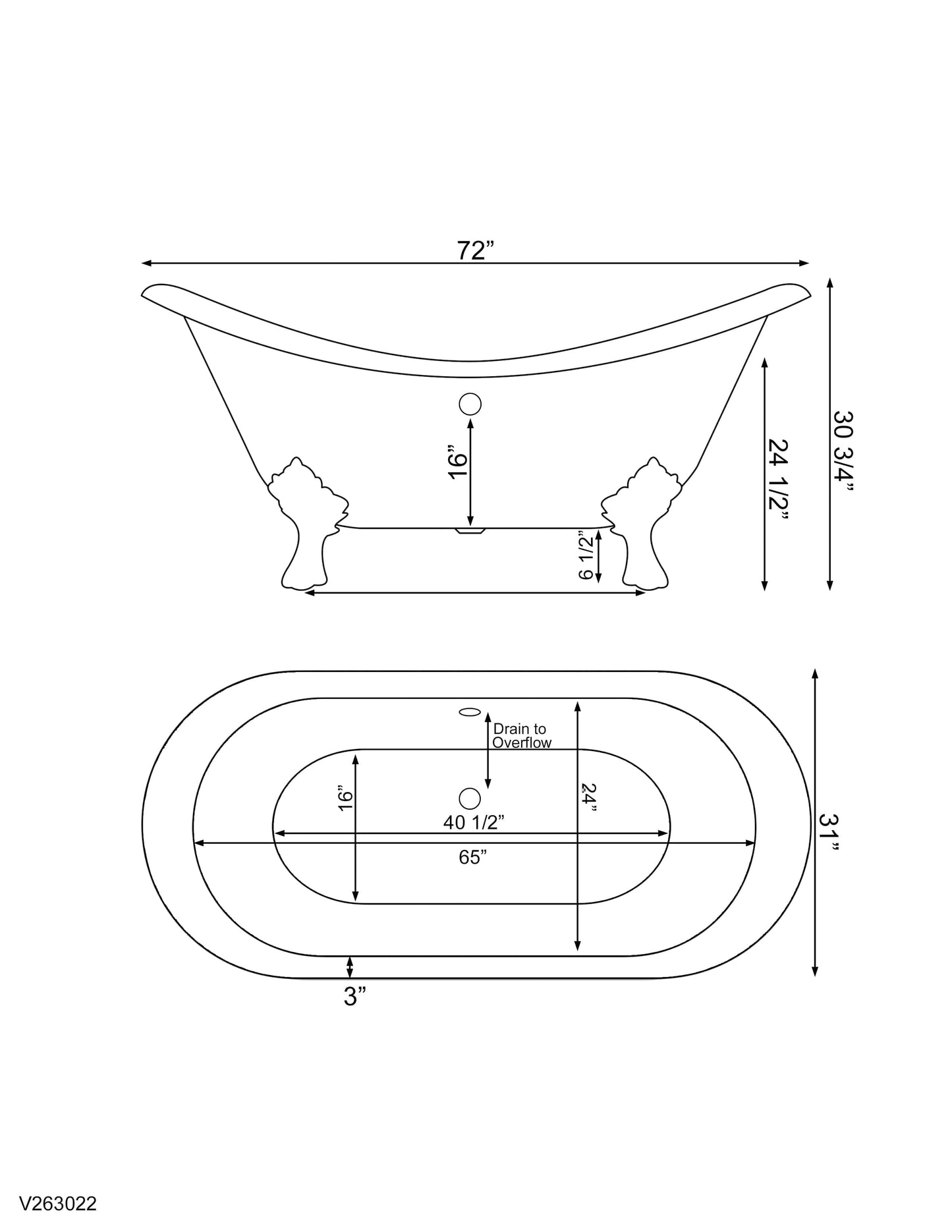 Cambridge Plumbing Cast Iron Double Ended Slipper Tub 71" X 30" with No Faucet Drillings and Polished Chrome Feet DES-NH-CP