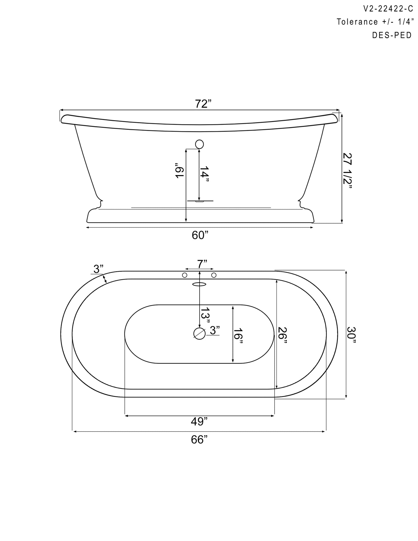 Cambridge Plumbing Cast Iron Double Ended Slipper Tub 71" X 30" with 7" Deck Mount Faucet Drillings DES-PED-DH