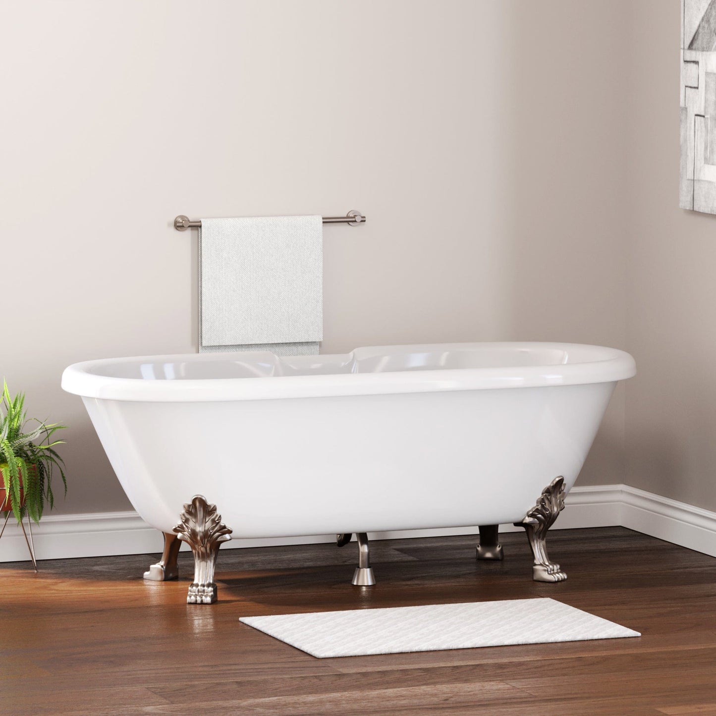 Cambridge Plumbing ES-DE69-NH-BN Dolomite Mineral Composite Double Ended Clawfoot Tub with Brushed Nickel Feet and No Faucet Holes