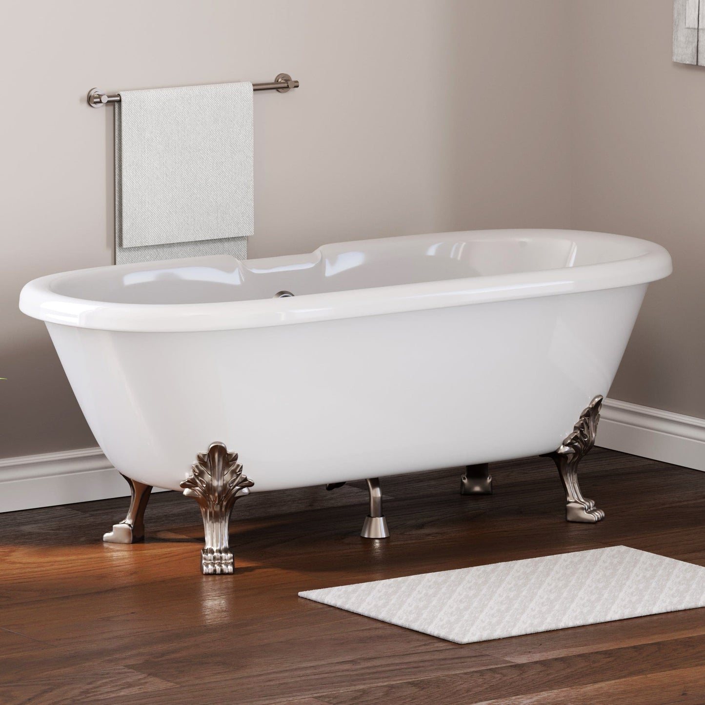 Cambridge Plumbing ES-DE69-NH-BN Dolomite Mineral Composite Double Ended Clawfoot Tub with Brushed Nickel Feet and No Faucet Holes