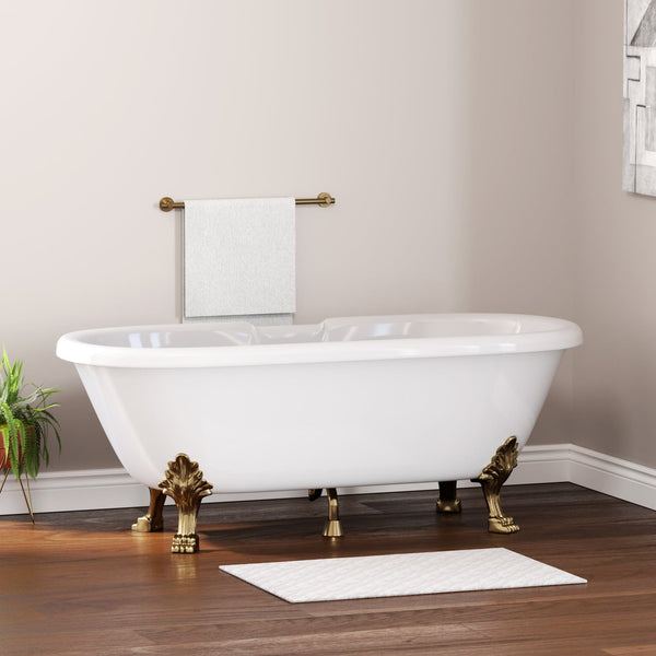 Cambridge Plumbing brand ES-DE69-NH-AB Dolomite Mineral Composite Double Ended Clawfoot Tub with No Faucet Holes, Antique Brass Feet and Drain Assembly