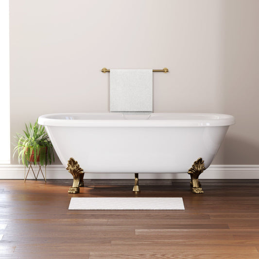 Cambridge Plumbing brand ES-DE69-NH-AB Dolomite Mineral Composite Double Ended Clawfoot Tub with No Faucet Holes, Antique Brass Feet and Drain Assembly