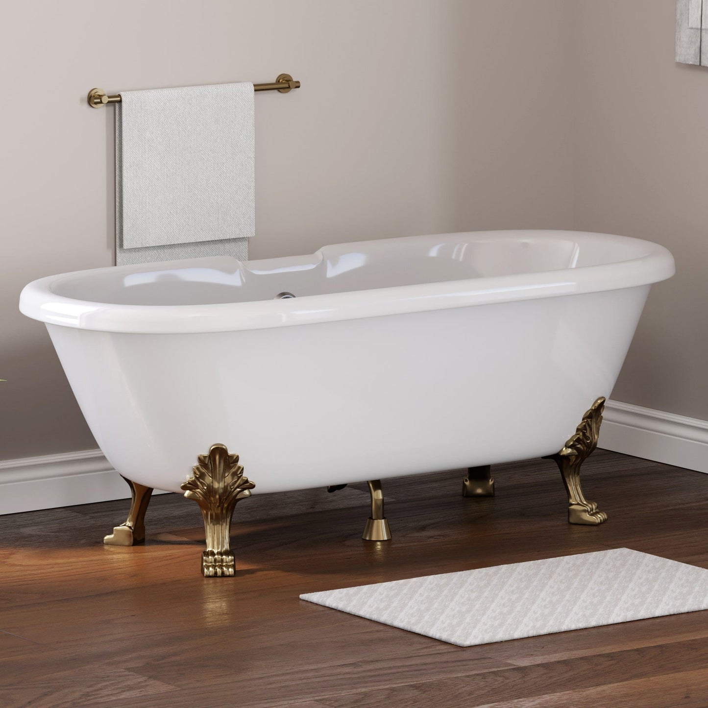 Cambridge Plumbing brand ES-DE69-NH-AB Dolomite Mineral Composite Double Ended Clawfoot Tub with No Faucet Holes, Antique Brass Feet and Drain Assembly