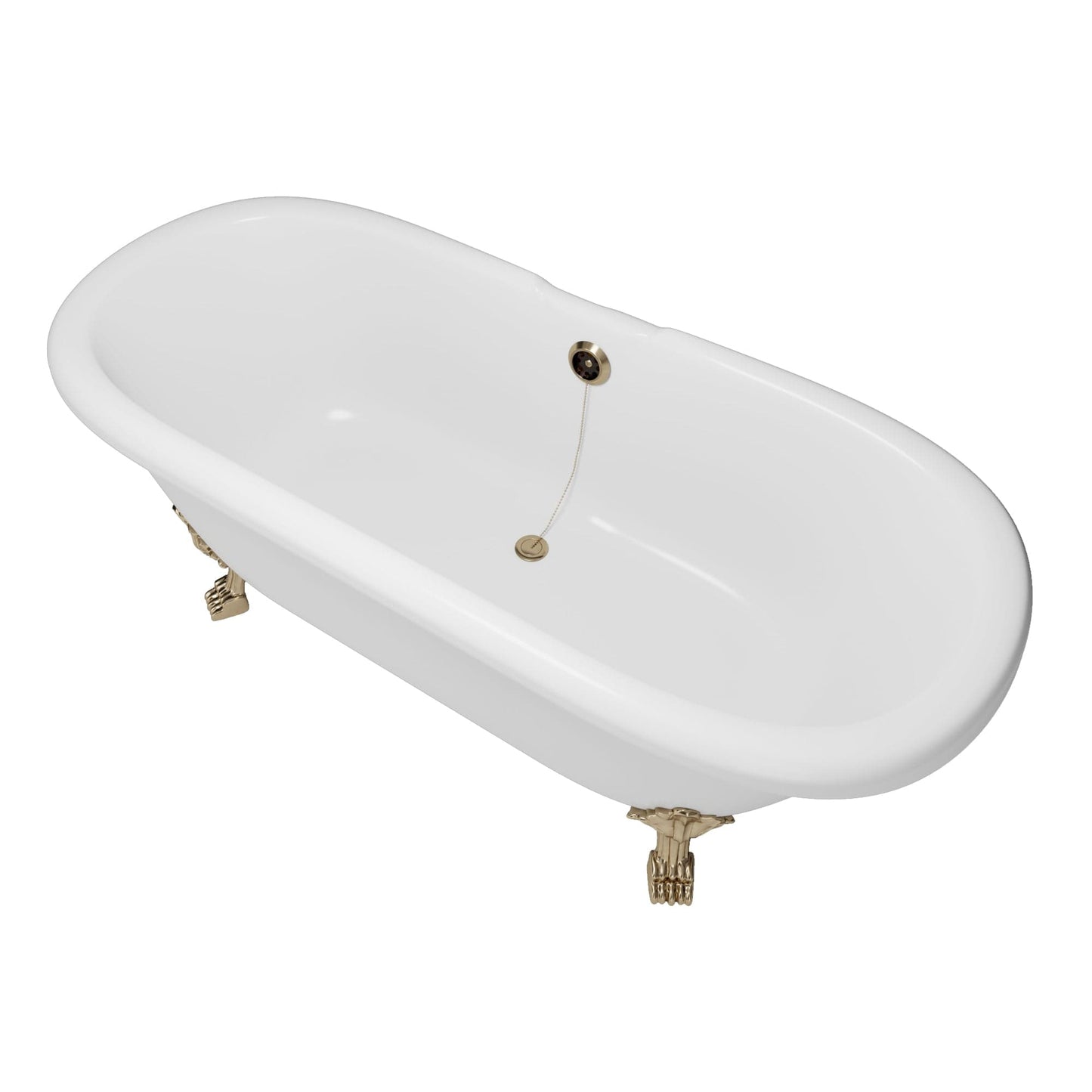 Cambridge Plumbing brand ES-DE69-NH-AB Dolomite Mineral Composite Double Ended Clawfoot Tub with No Faucet Holes, Antique Brass Feet and Drain Assembly