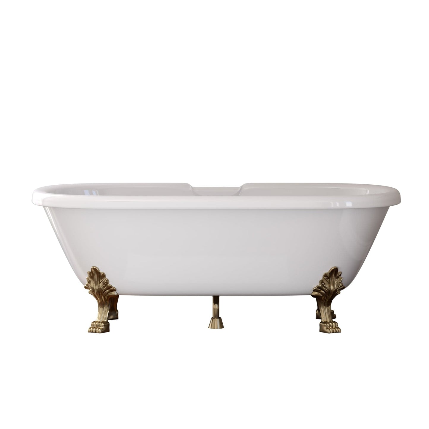 Cambridge Plumbing brand ES-DE69-NH-AB Dolomite Mineral Composite Double Ended Clawfoot Tub with No Faucet Holes, Antique Brass Feet and Drain Assembly