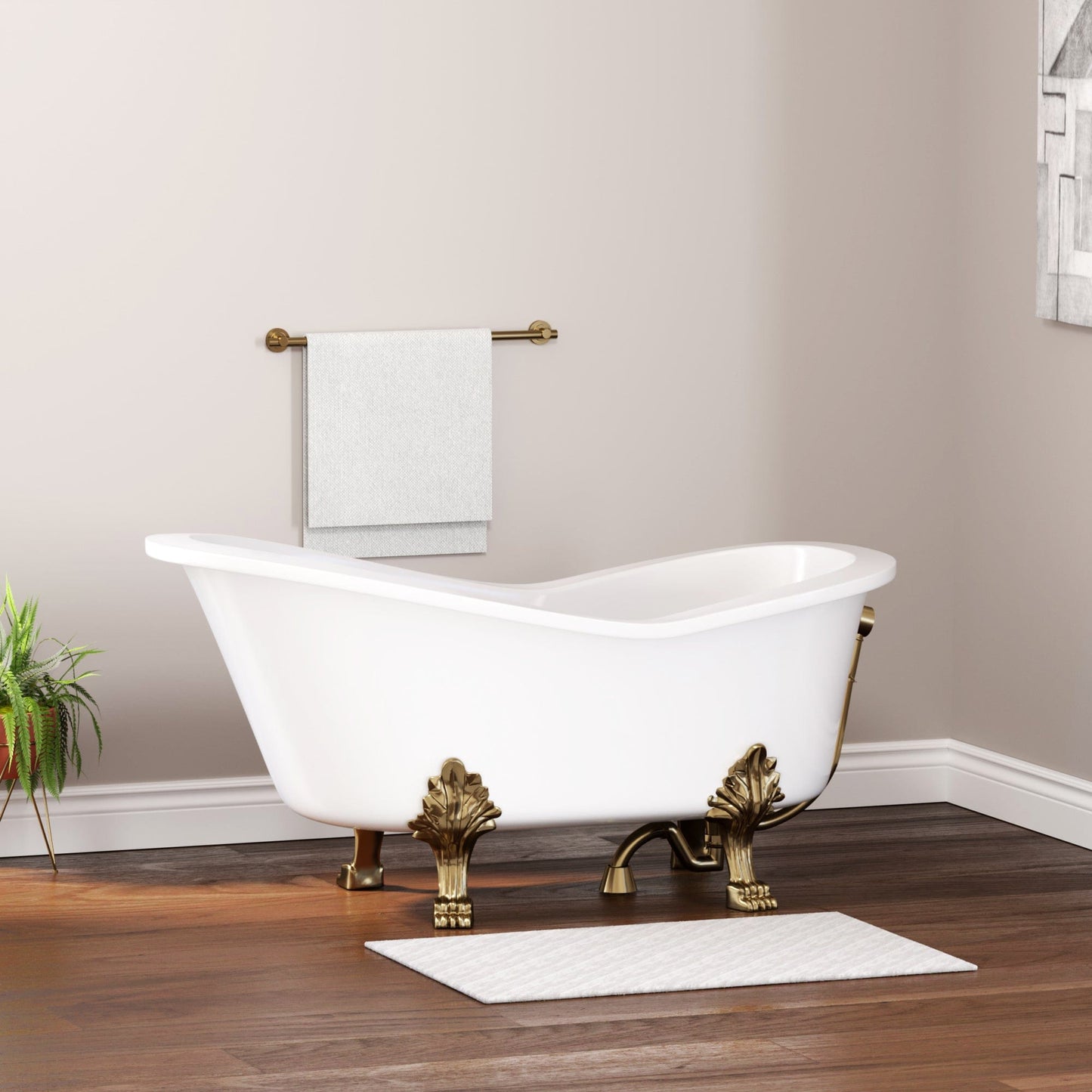 Cambridge Plumbing ES-ST62-NH-AB Dolomite Mineral Composite Clawfoot Slipper Tub with Antique Brass Feet and Drain Assembly 62 x 30