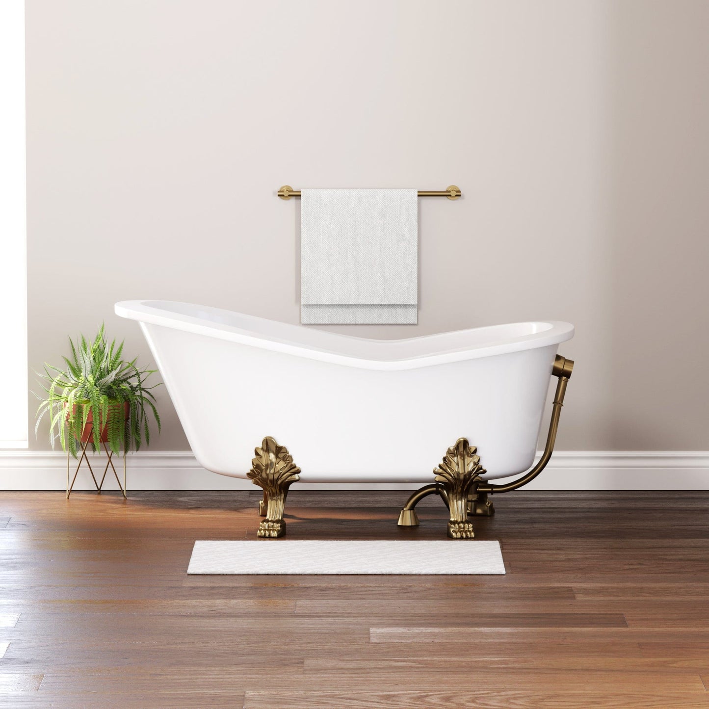 Cambridge Plumbing ES-ST62-NH-AB Dolomite Mineral Composite Clawfoot Slipper Tub with Antique Brass Feet and Drain Assembly 62 x 30