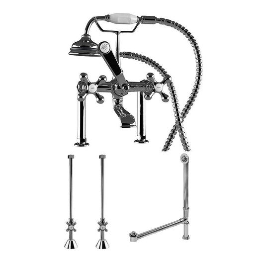 Cambridge Complete Plumbing Package for Deck Mount Claw Foot Tub. Classic Telephone Style Faucet With 6 Inch Deck Risers, Supply Lines With Shut Off valves, Drain Assembly. Polished Chrome CAM463D-6-PKG-CP