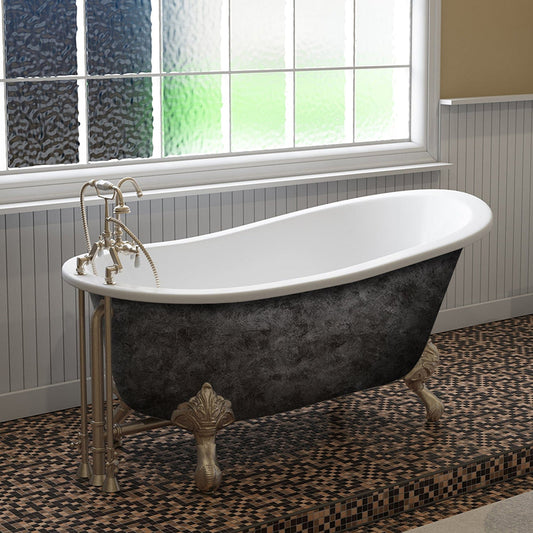 Cambridge Plumbing Scorched Platinum 61” x 30” Cast Iron Slipper Bathtub with 7” Deck Mount Faucet Holes and Brushed Nickel Feet ST61-DH-BN-SP