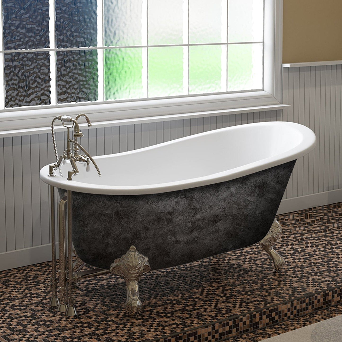 Cambridge Plumbing Scorched Platinum 61” x 30” Cast Iron Slipper Bathtub with 7” Deck Mount Faucet Holes and Polished Chrome Feet ST61-DH-CP-SP