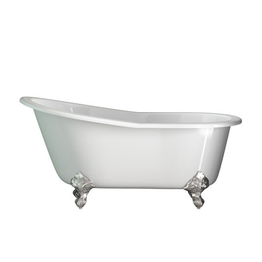 Cambridge Plumbing Cast Iron Slipper Clawfoot Tub 61" X 30" with no Faucet Drillings and Complete Brushed Nickel Modern Freestanding Tub Filler with Hand Held Shower Assembly Plumbing Package ST61-150-PKG-BN-NH 