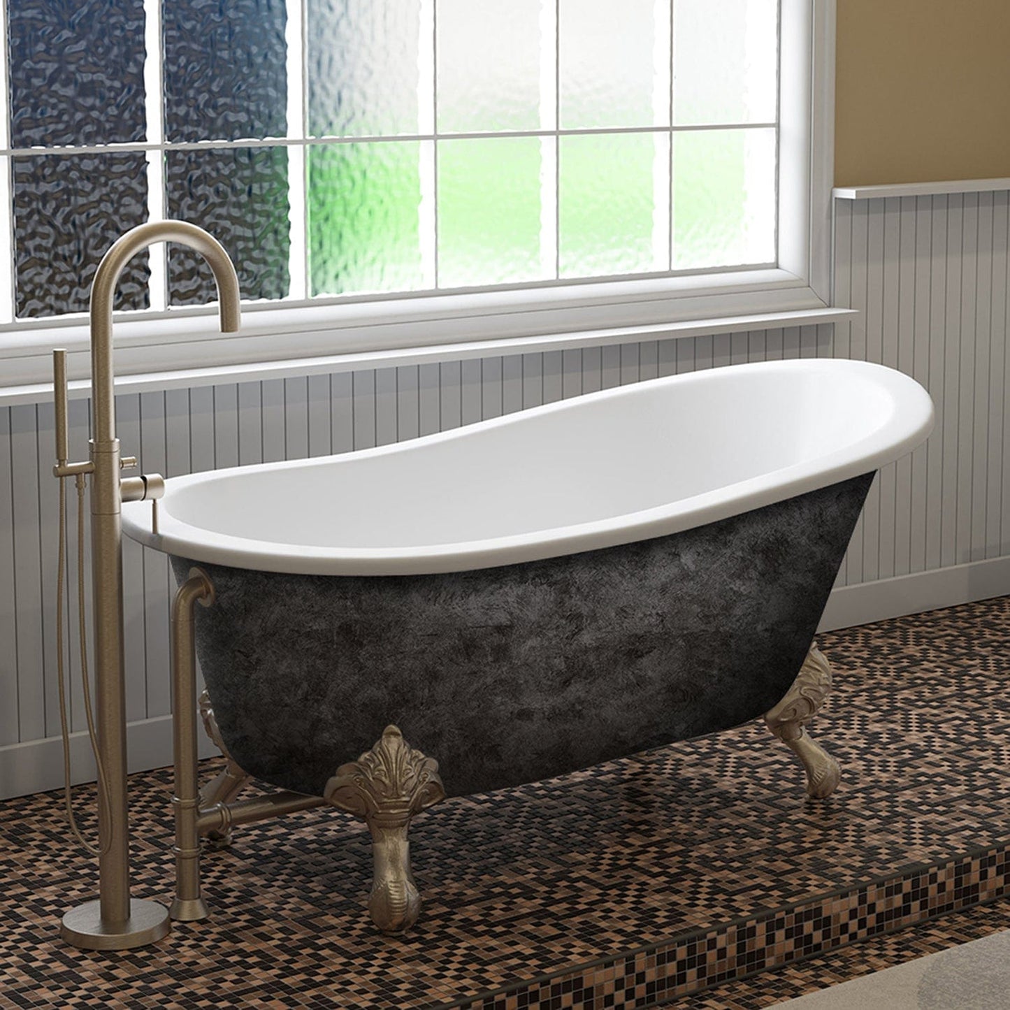 Cambridge Plumbing Scorched Platinum 61” x 30” Cast Iron Slipper Bathtub with” No Faucet Holes and Brushed Nickel Feet ST61-NH-BN-SP