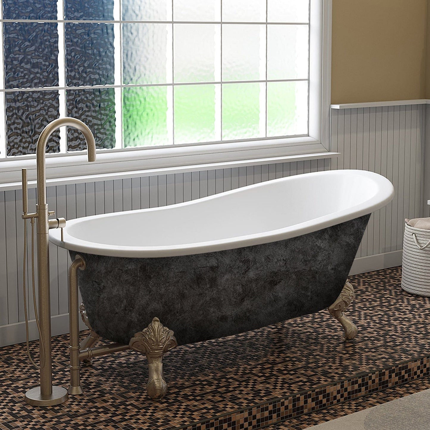 Cambridge Plumbing Scorched Platinum 67” x 30” Cast Iron Slipper Bathtub with” No Faucet Holes and Brushed Nickel Ball and Claw Feet ST67-NH-BN-SP