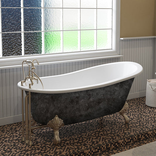 Cambridge Plumbing Scorched Platinum 67” x 30” Cast Iron Slipper Bathtub with” 7” Deck Mount Faucet Holes and Brushed Nickel Ball and Claw Feet ST67-DH-BN-SP