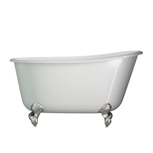 Cambridge Plumbing Cast Iron Swedish Slipper Tub 54" X 30" with no Faucet Drillings and Complete Brushed Nickel Modern Freestanding Tub Filler with Hand Held Shower Assembly Plumbing Package SWED54-150-PKG-BN-NH