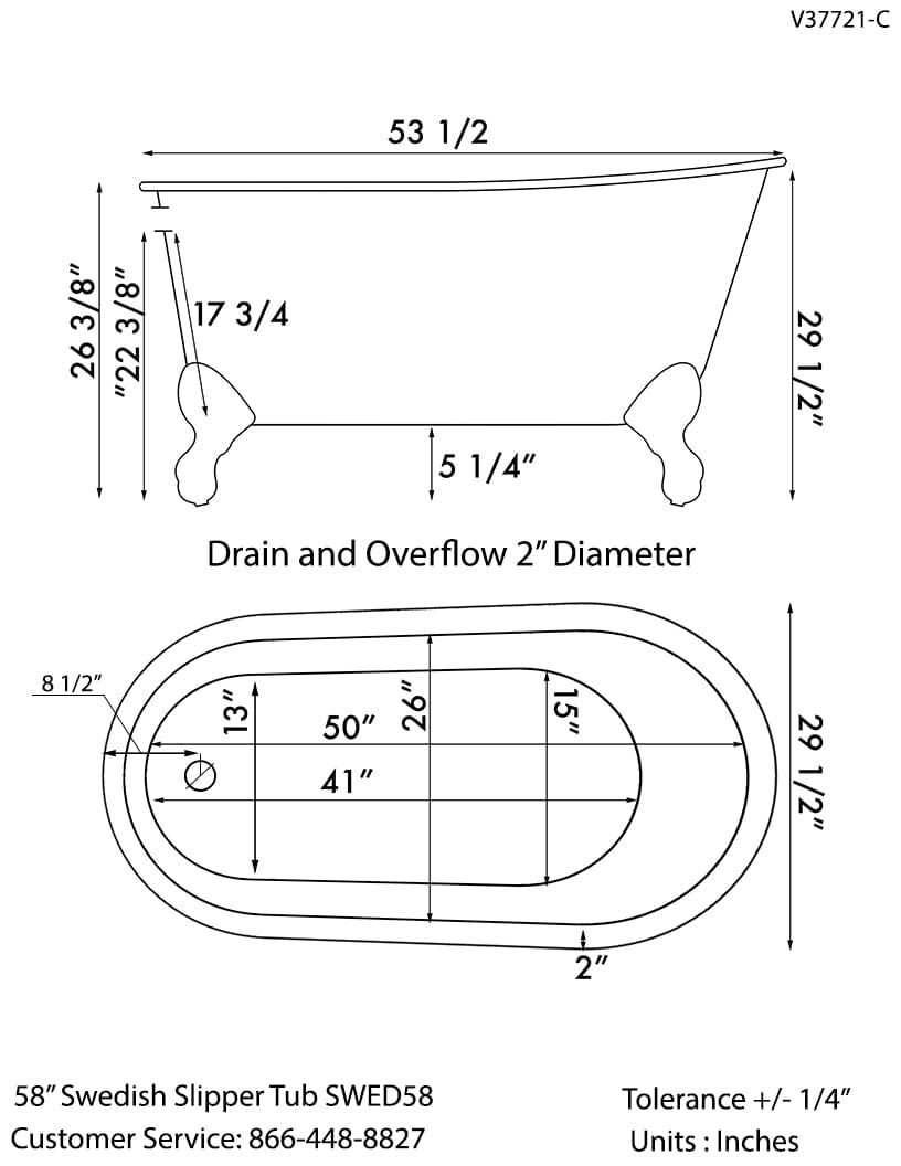 Cambridge Plumbing Cast Iron Swedish Slipper Tub 54" X 30" with No Faucet Drillings and Complete Free Standing British Telephone Faucet and Hand Held Shower  Oil Rubbed Bronze Plumbing Package (faucet not pictured) SWED54-398463-PKG-ORB-NH