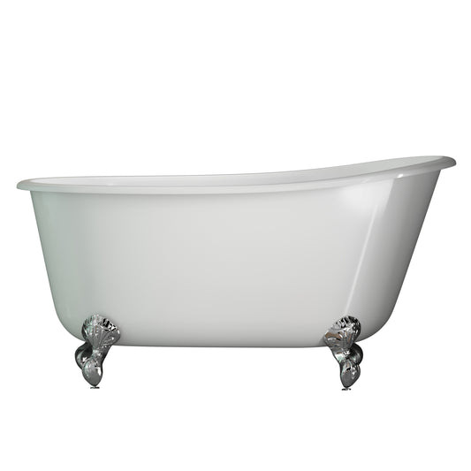 Cambridge Plumbing Cast Iron Swedish Slipper Tub 58" X 30" with no Faucet Drillings and Complete Polished Chrome Free Standing English Telephone Style Faucet with Hand Held Shower Assembly Plumbing Package SWED58-398684-PKG-CP-NH