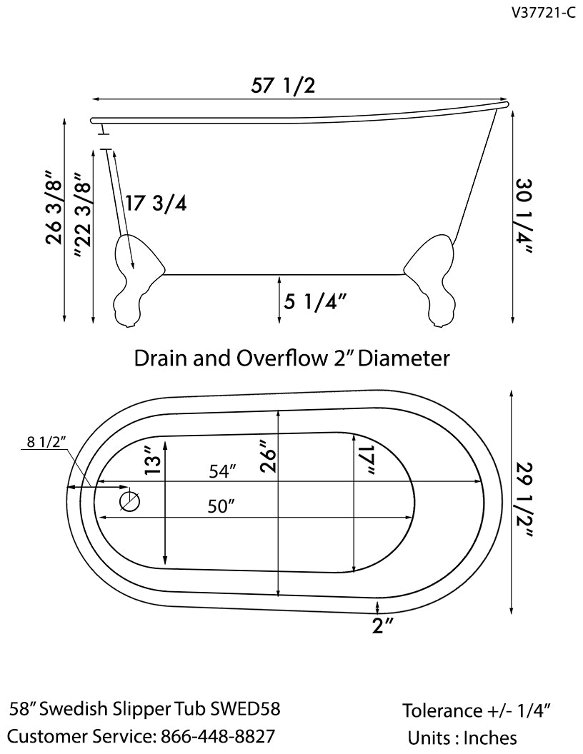 Cambridge Plumbing Cast Iron Swedish Slipper Tub 58" X 30" with No Faucet Drillings and Oil Rubbed Bronze Feet SWED58-NH-ORB