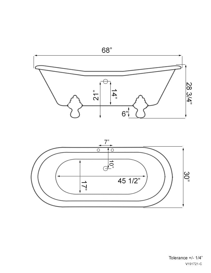 Cambridge USA Quality 68 Inch Clawfoot Double Slipper Tub with Deck Mount Faucet Holes and Brushed Nickel Feet USA-ADES-DH-BN