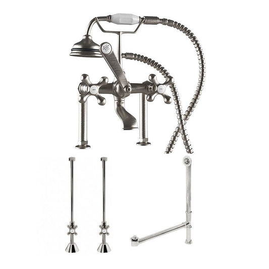 Cambridge Complete Plumbing Package for Deck Mount Claw Foot Tub. Classic Telephone Style Faucet With 6 Inch Deck Risers, Supply Lines With Shut Off valves, Drain Assembly. Brushed Nickel CAM463D-6-PKG-BN