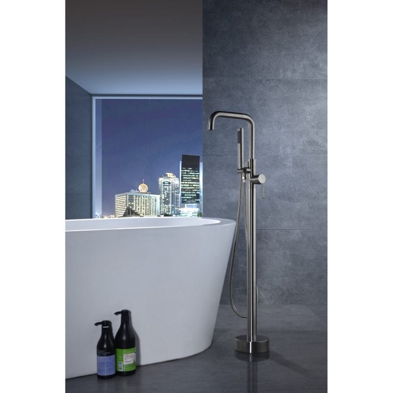 Anzzi Brand FS-AZ0048BN Moray Series 2-Handle Freestanding Tub Faucet with Hand Shower in Brushed Nickel