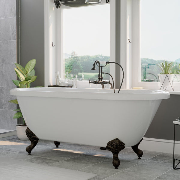 Cambridge Plumbing Acrylic Double Ended Clawfoot Bathtub With Continuous Rim and Complete Oil Rubbed Bronze Plumbing Package ADE60-398684-PKG-ORB-NH