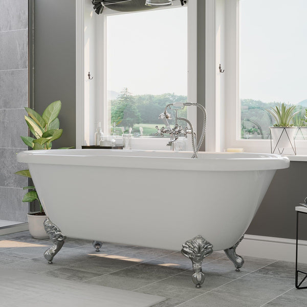 Cambridge Plumbing Acrylic Double Ended Clawfoot Bathtub With Continuous Rim and Complete Polished Chrome Plumbing Package ADE60-398463-PKG-CP-NH