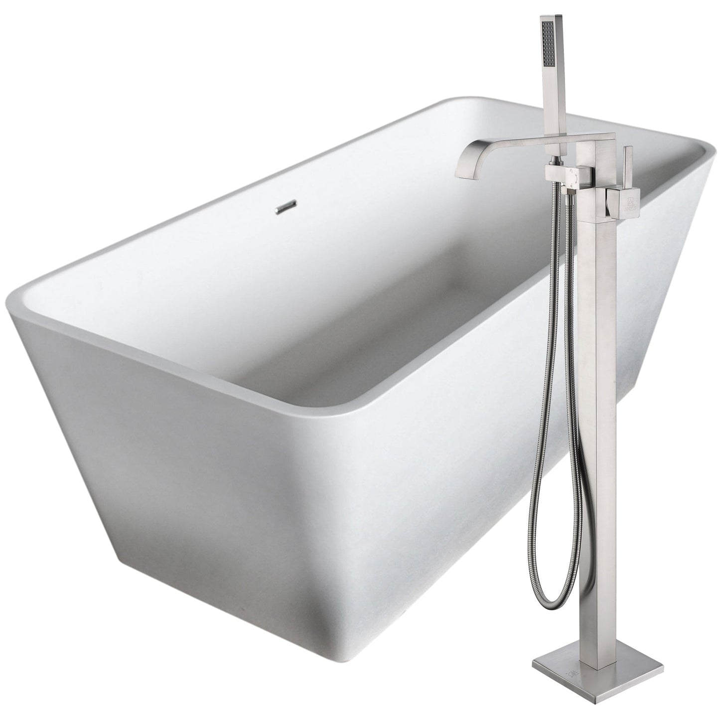 Anzzi Brand FTAZ501-0044B Cenere 58.25 in. Solid Surface Soaking Bathtub in White with Angel Faucet in Brushed Nickel